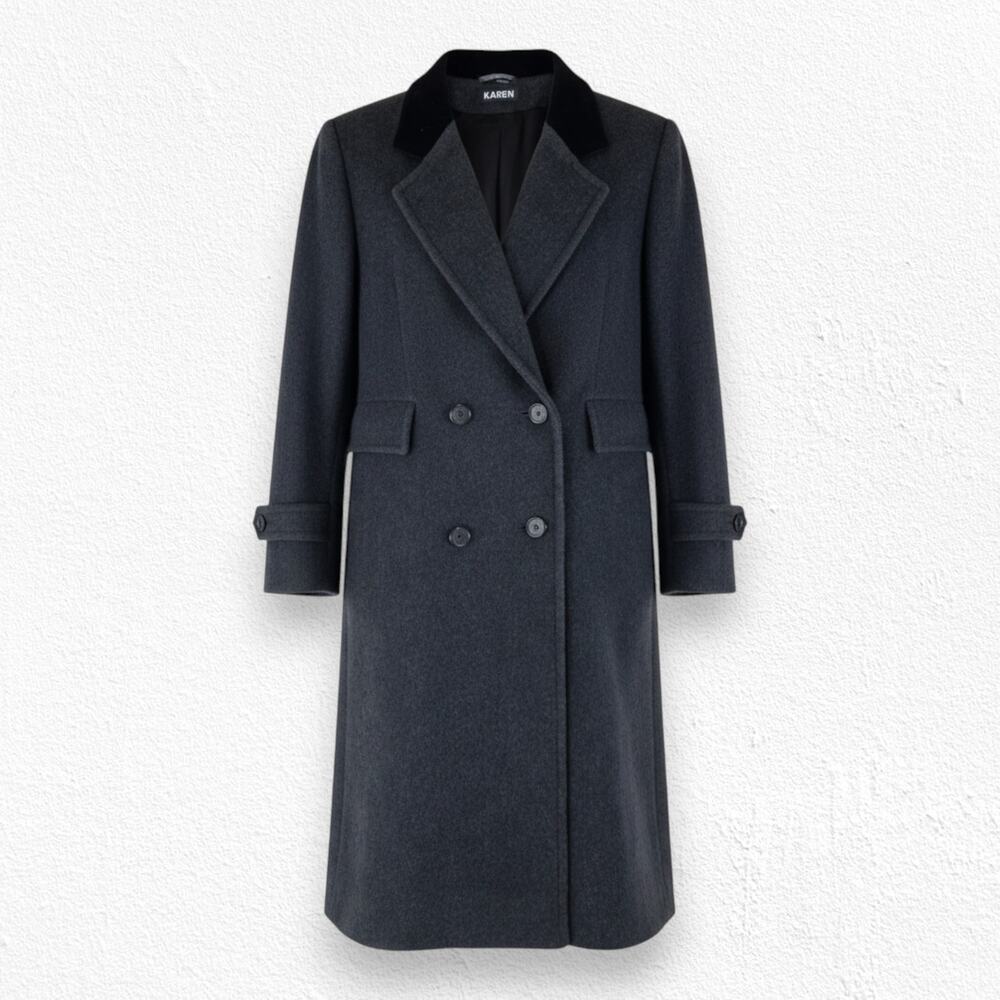 Vintage 80s Gray Wool Cashmere Double Breasted Velvet Collar Long Coat Size 14